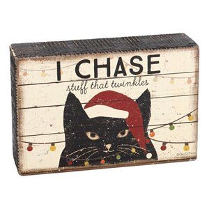 "I Chase Stuff That Twinkles" Christmas Santa Cat Lights Box Wooden Sign New